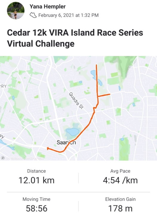  My Cedar 12k VIRA Island Race Series Virtual Challenge Strava screenshot