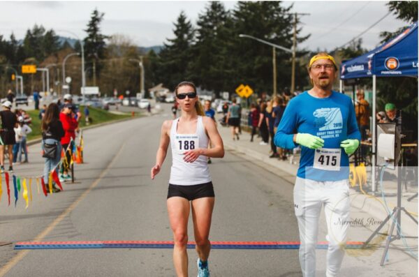 Finishing the Westcoast Sooke River 10K. Photo by Meredith Rose.